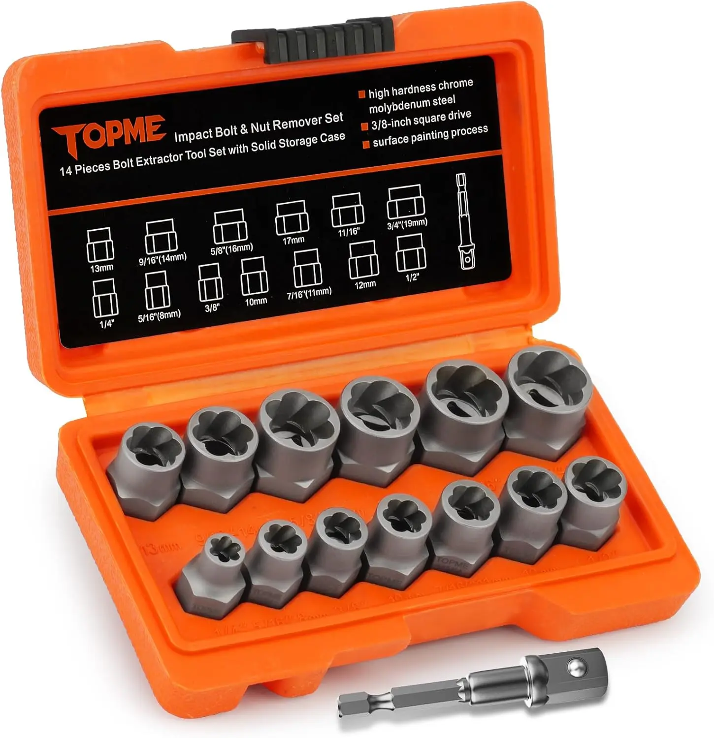 【DealsForYou】TOPME 13+1 Pcs CR-MO Steel Bolt Extractor Kit, 3/8" Drive Socket Nut Remover Set (Sizes 8-19mm) for Frozen/Rusted/Rounded Bolts & Lug Nuts, Automotive Repair Socket Wrench Set, Work Tools