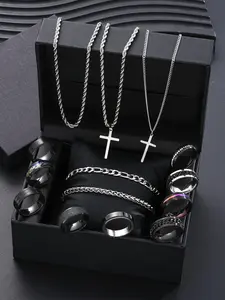 Punk Style Stainless Steel Jewelry Set (14pcs), Boyfriend Gifts, Men Jewelry, Fashion Cross Pendant Necklace Chain Bracelet Ring Jewelry for Party, Daily Clothing Decor, Trendy All-match & Exquisite Jewelry for Birthday Gift