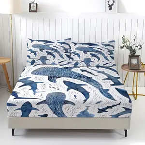 Ocean Whale Shark Watercolor Bedding Set Fitted Sheet Set, Includes Fitted Sheet and Pillowcases, Soft Breathable Fabric, Ideal for Kids' Room