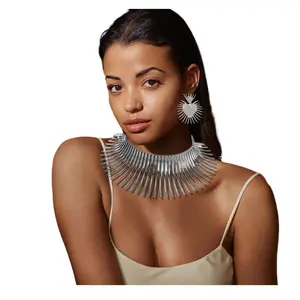 Wosois Choker Necklace Earrings Set Sliver Flower African Tribal Chunky Bib Statement Collar Necklaces Pearl Jewelry for Women(Gold A)