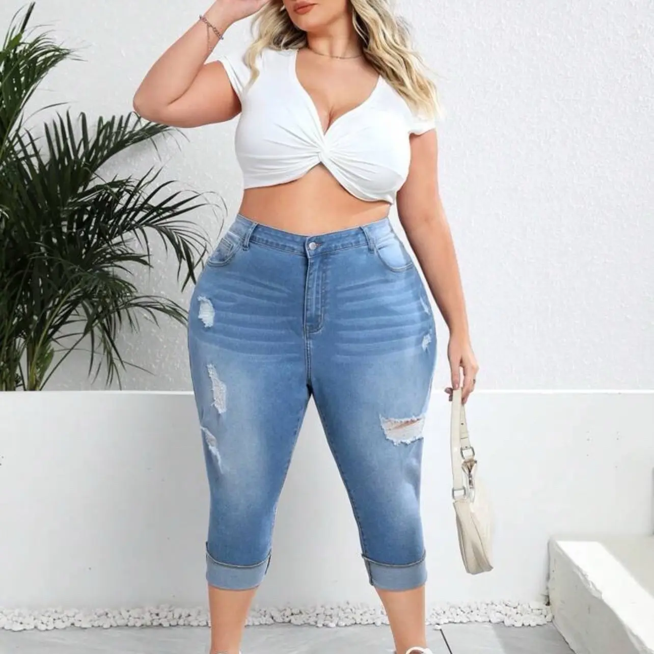Plus Size Blue Jeans Casual Tight Stretch Ripped Capri Pants for Women - Bottom, Womenswear distressed jean judy blue