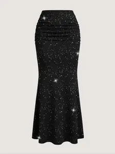 Women's Starry Skirt Fashion Slim Fit Sequin Galaxy Pleated High Waist Bodycon Mermaid Long Dress