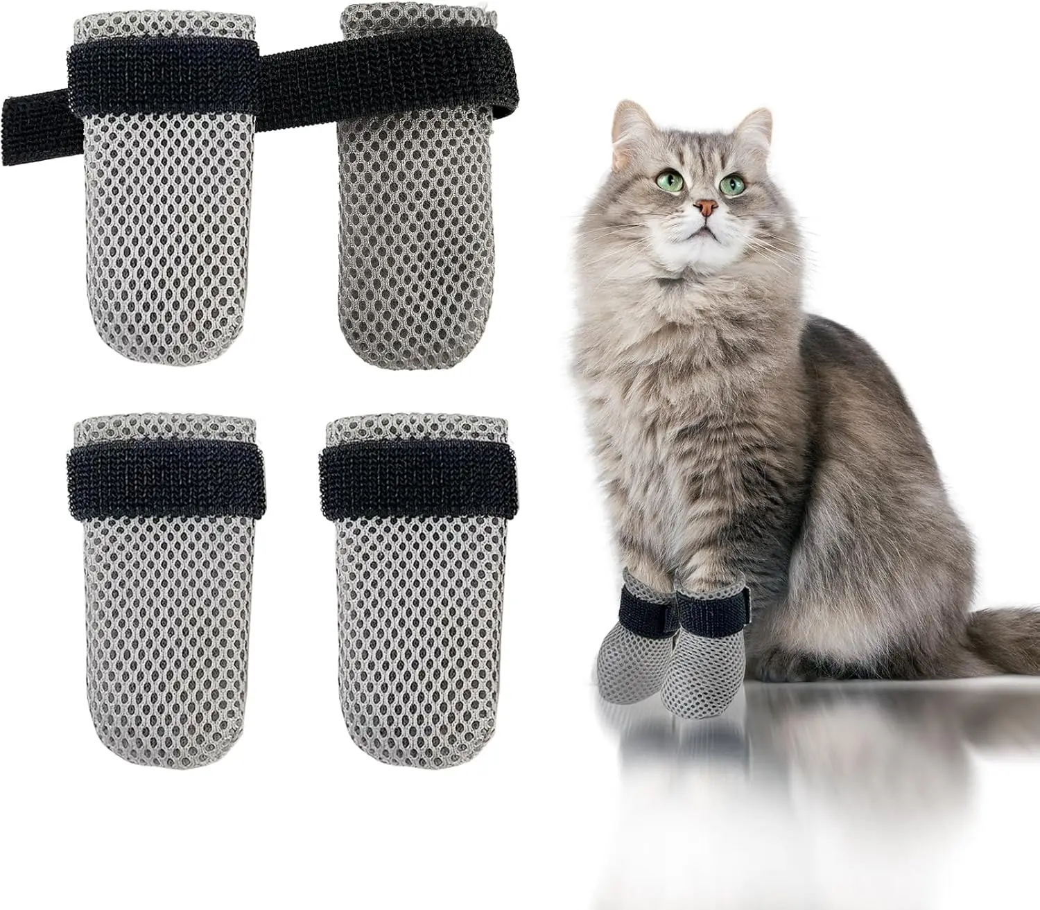 Adjustable Cat Scratch Cover Booties for Nursing Rehabilitation, Anti-Scratch Pet Grooming & Bathing Gloves (Grey), Fabric