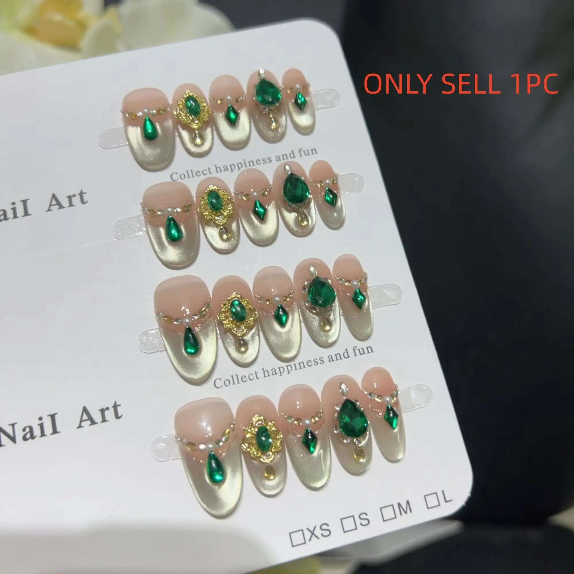 10pcs high-end Luxurious Grandmother Green handmade coffin French tips fake nails, Short and elegant nail patches for ladies handmade fake nails Glossy False Nails Nail Art Products