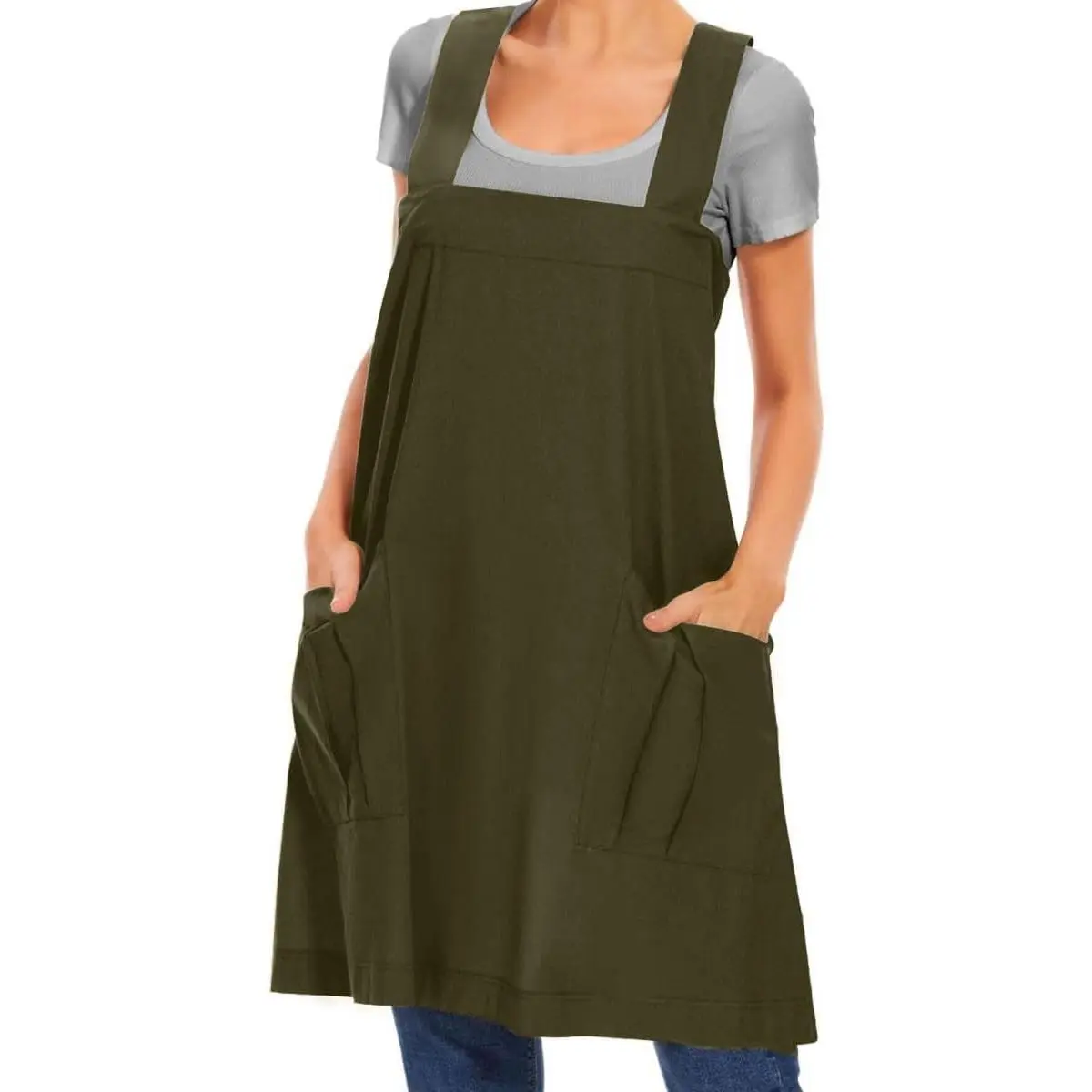 Women's Cotton Cross-Back Casual Pinafore Apron Dress - Lightweight, All-Seasons, Large Pocket, Loose Square Design, Minimalist, Lace-Up for Baking, DIY, Birthday, Engagement Home Care Tasks