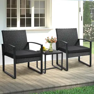 3-Piece Wicker Patio Bistro Set Rattan Conversation Set with Glass Coffee Table Beige Cushions for Balcony Patio Garden Outdoor Spaces summervibes