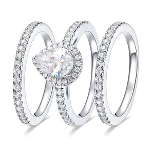 GEMSME 1.5CT Waterdrop Pear Cut Halo Ring Set Cubic Zirconia Wedding Engagement Promise Eternity Rings for Women, Mother 's Day  Birthday Gift Jewelry Sizes 5-10 3-in-1 R-1014