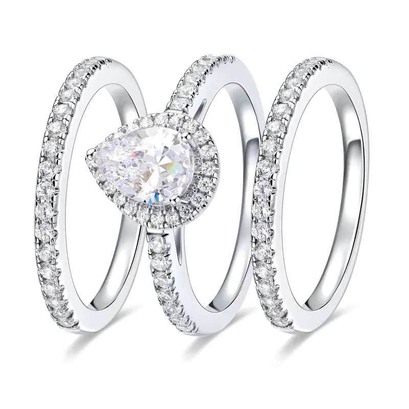 GEMSME 1.5CT Waterdrop Pear Cut Halo Ring Set Cubic Zirconia Wedding Engagement Promise Eternity Rings for Women, Mother 's Day  Birthday Gift Jewelry Sizes 5-10 3-in-1 R-1014