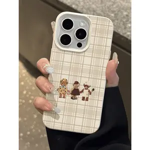 Bear design, 1 piece, minimalist checkered pattern with three bears, lychee-textured waterproof, shockproof, and anti-slip soft phone case, suitable for iPhone 11/12/13/14/15/16/17/16E/X/XS/XS Max. This is a perfect Christmas gift for friends, family.