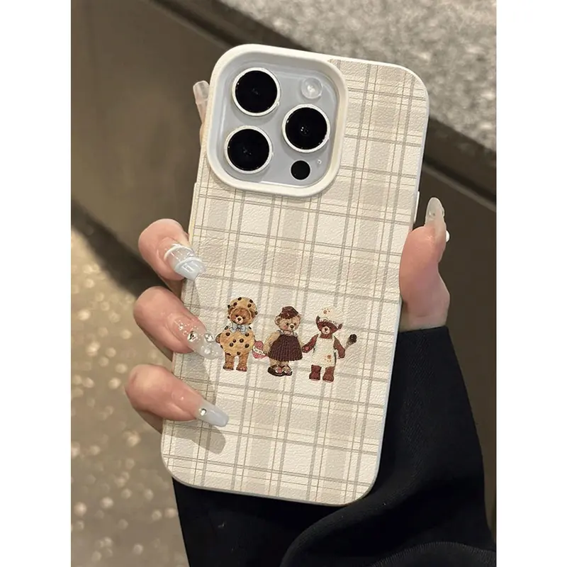 Bear design, 1 piece, minimalist checkered pattern with three bears, lychee-textured waterproof, shockproof, and anti-slip soft phone case, suitable for iPhone 11/12/13/14/15/16/17/16E/X/XS/XS Max. This is a perfect Christmas gift for friends, family., Ac