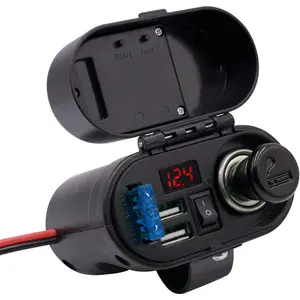 5V/3A Dual USB Charger Socket Waterproof Motorcycle Handlebar & Rear View Mirror Clamp Power Adapter Charger with Cigarette Lighter Socket, Voltmeter for Phones/Tablets/GPS (Black 1)