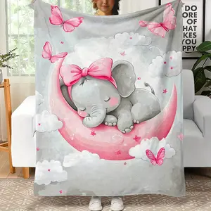 The cute little elephant on the moon personality Print Portable Blanket - Lightweight Flannel Throw for Sofa Bed Travel Camping Livingroom Office Couch Chair and Bed-Digital Printing Blanket with Soft and Warm Flannel
