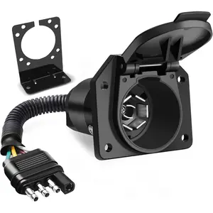 4 Way Flat to 7 Way Round Blade Trailer Adapter Wiring Plug Connector with Mounting Bracket