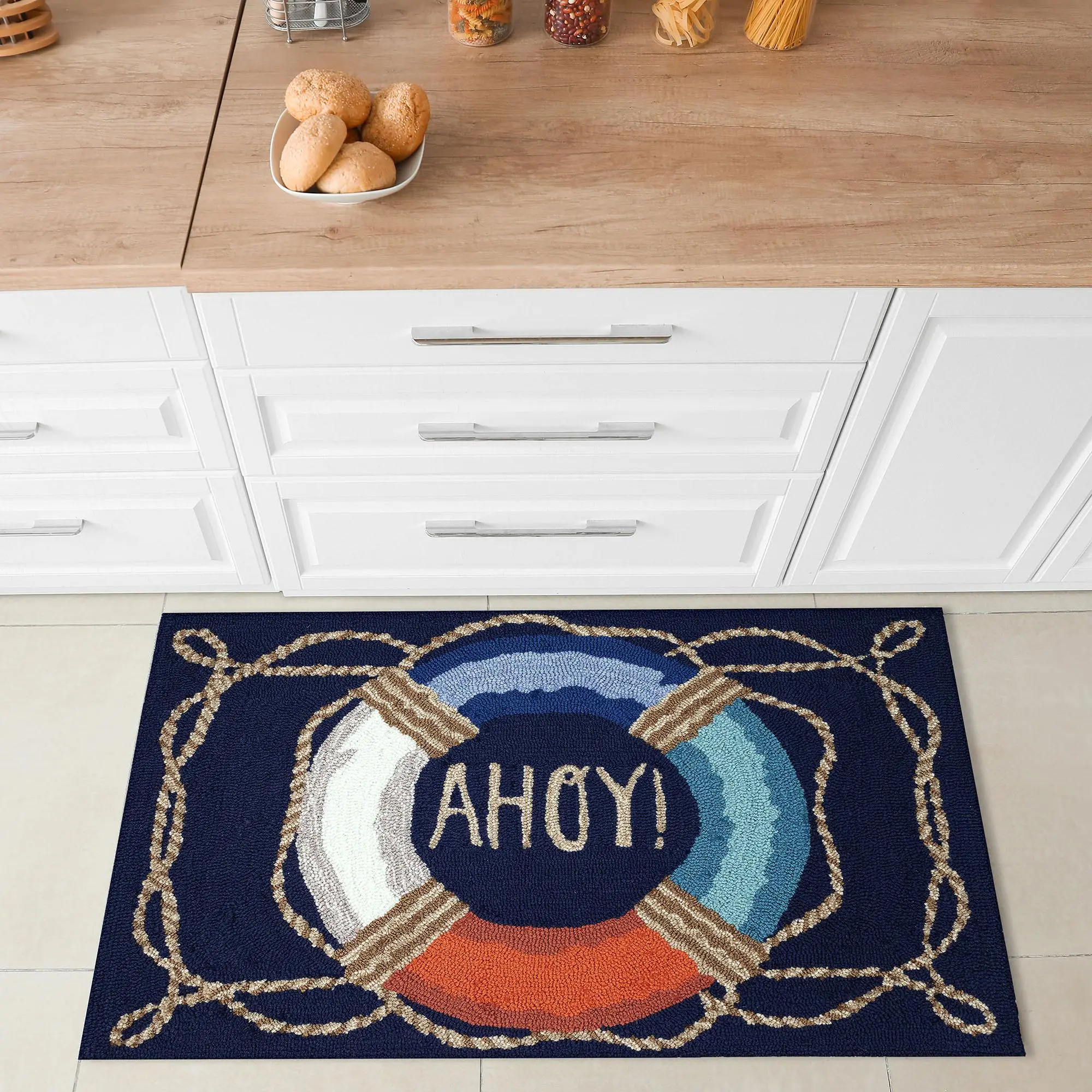 Lush Decor Ahoy Frontporch Hand Tufted Durable Area Rug - Indoor/Outdoor Home Decor, Traditional Nautical Ocean Multicolor Patio Rug, Home Decor Rugs, Multicolor Rug
