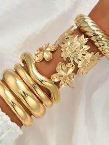 Women's Chunky Vintage Elegant Flower Geometric Link Bracelet Set, Stackable Bracelets, Multi-Layered Design, Fashionable Jewelry Gift for Women