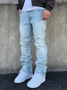 Trendy Fashion Simple Solid Color Light Wash High-Waisted Slim Fit Men's Micro Flare Jeans, Casual Plain Denim Jeans for All Seasons