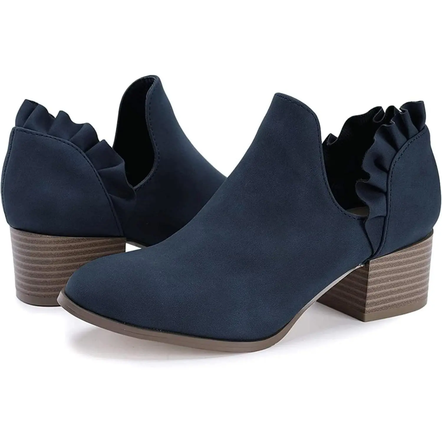 Coutgo Women's Fall Cutout Ankle Booties - Navy PU Faux Leather Slip-On Dress Shoes with Low Stacked Ruffle, Comfortable Chunky Block Heels, Warm Casual Footwear tiktokshopbacktoschool