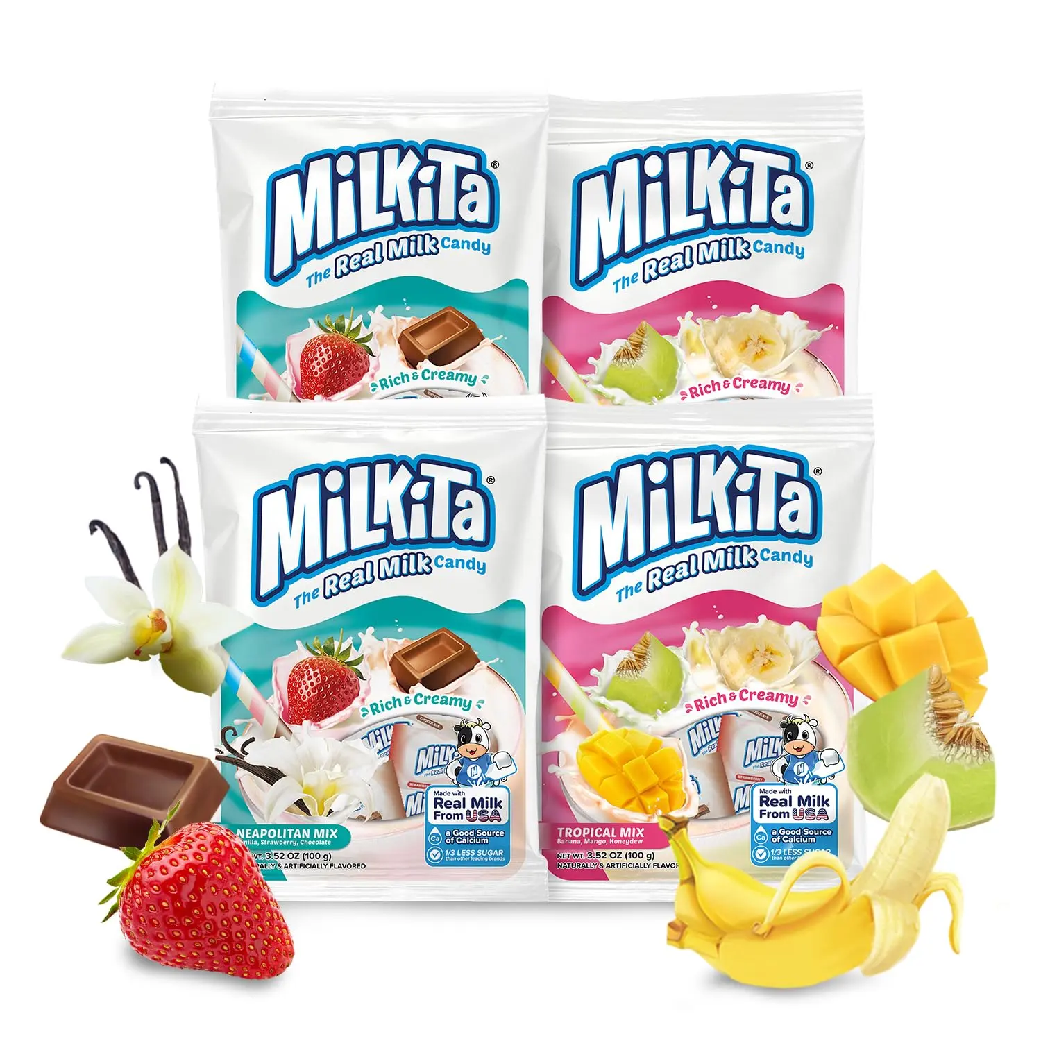 Milk Candy Variety Pack 4 Bags: Milkita Real Milk Candy Vanilla, Strawberry, Chocolate, Banana, Mango & Honeydew Low Sugar Assorted Candy, Gluten-Free and Individually Wrapped for Candy Bowls, Office Snacks & Party Favors