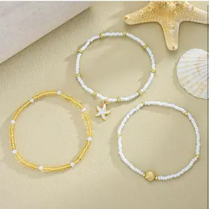 Starfish & Shell Beaded Anklet White & Gold Beads with Starfish Charm Perfect for Beachwear & Casual Style