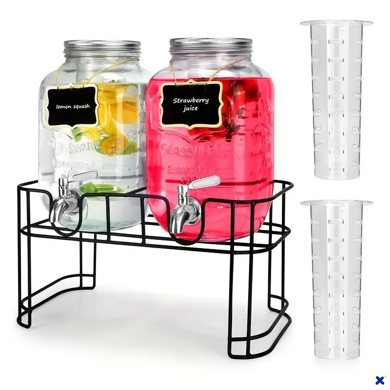 2 Pack 1Gallon Glass Beverage Dispenser with Stand, Stainless Steel Spigot and Leakproof Ice Tube for Party, Camping and Holiday Drinks