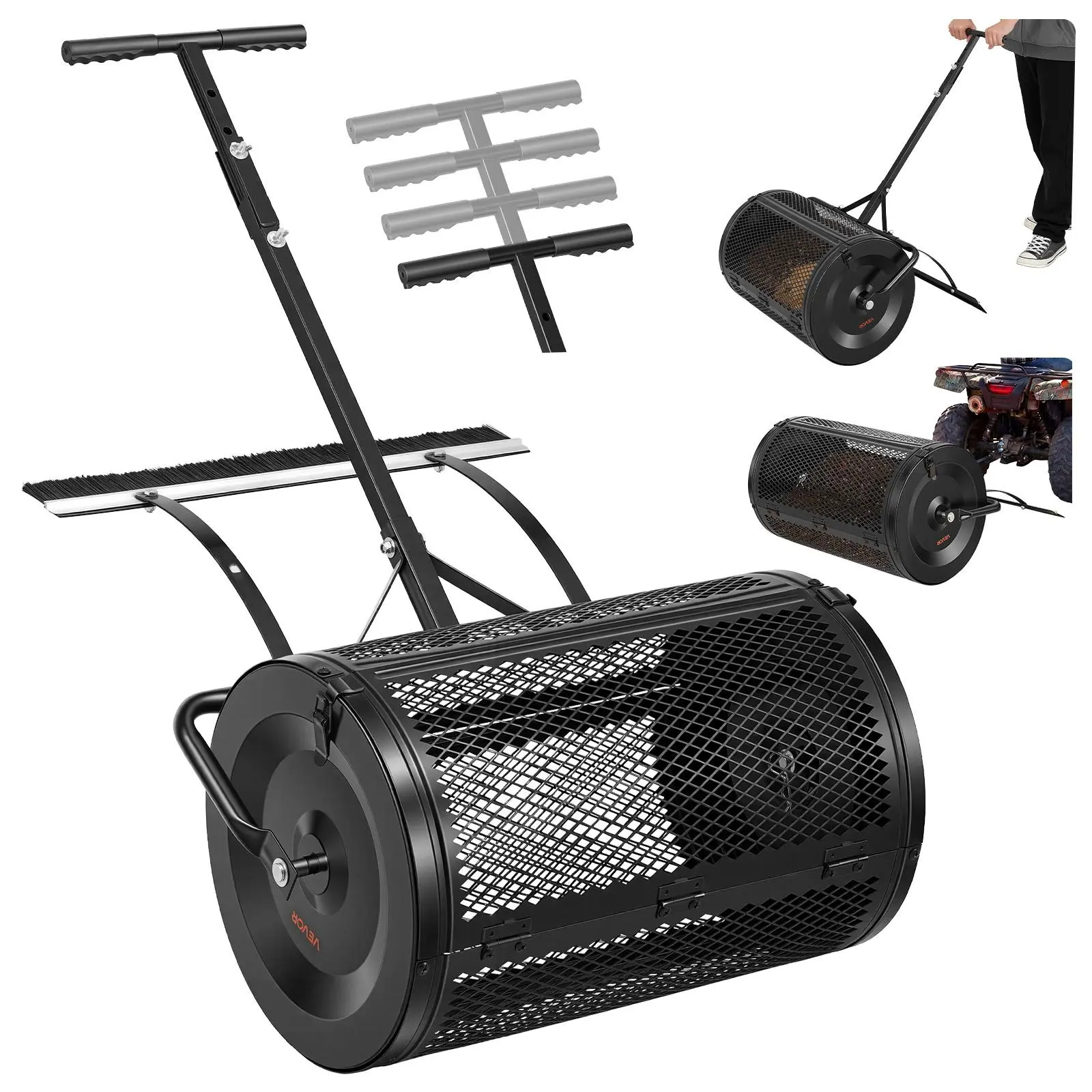 【SummerFinds】VEVOR Compost Spreader, 24" Wide Peat Moss Spreader with Push/Tow Handle & Brush, 4 Heights Adjustable, Powder-Coated Steel Garden Peat Moss Roller, Heavy Duty Grass Seed Roller for Planting Seeding