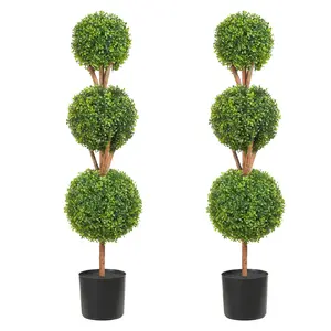 【Father's Day Gift】VEVOR Boxwood Topiary Trees, 48in Tall (2 Pieces) 3-Ball Sculptural Lifelike Balcony Artificial Trees with Planters, Replaceable Leaves & Port for Indoor/Garden Home Decor, Boxwood Topiary Tree