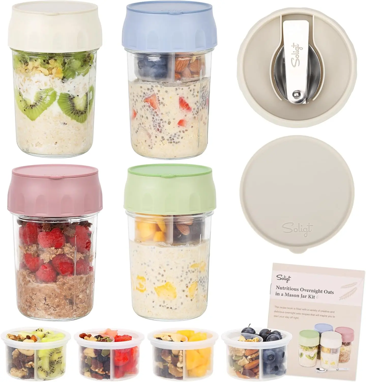 Soligt Overnight Oats Containers with Lids, Folding Spoons, and Divided Compartments for Fruit & Nuts, Small Glass 16oz Mason Jars for Oatmeal Yogurt Parfait Kitchen Utensils 2026 Canister Storage Portable Reusable Airtight Tin