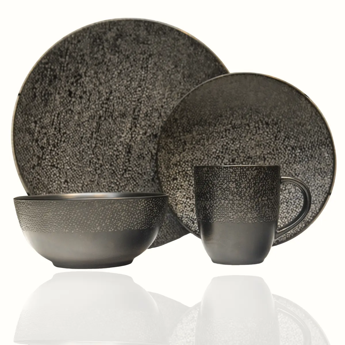 Stylish Adult 16-Piece Matrix Black Stoneware Round Dinnerware Set - Includes 22oz Mugs, Bowls, Plates, Everyday Oven-Safe Kitchen Tableware