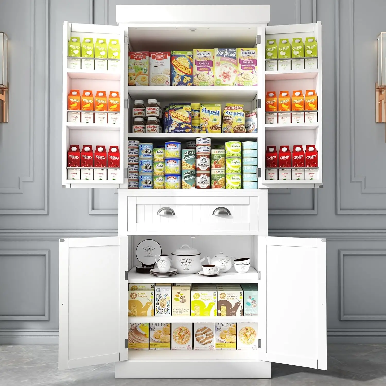 72" Freestanding Kitchen Pantry Storage Cabinet with Doors and Adjustable Shelves, Storage Cupboard with Large Drawer for Kitchen, Bathroom or Hallway