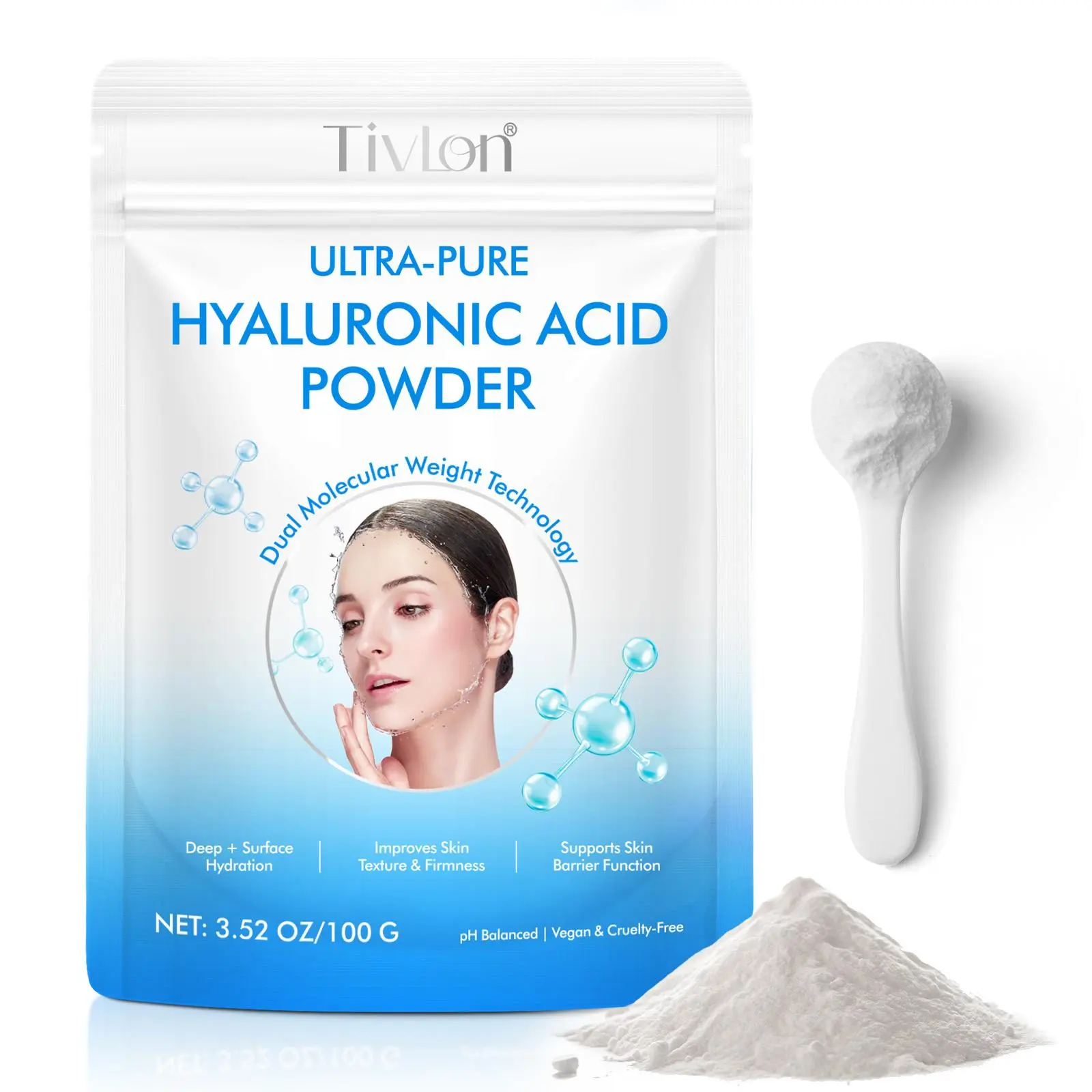 Tivlon Ultra-Pure Hyaluronic Acid Powder, Base Powder, Vegan Cosmetic, Dual Molecular Technology, Hydrating Face Makeup, Medium Coverage, Suitable for DIY Skincare, Glow