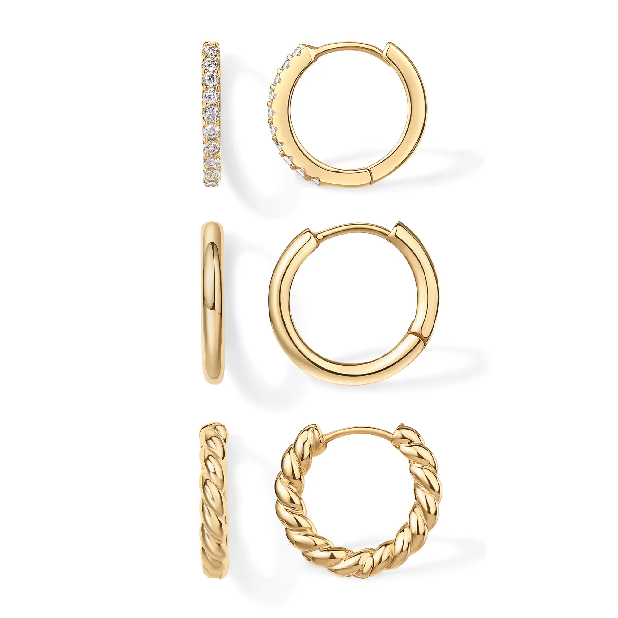 PAVOI Gold Hoop Earrings for Women - 14K Yellow Gold Plated 925 Sterling Silver - Hypoallergenic 3-Pair Small Hoop Earings Set with Cubic Zirconia - Rope Teardrop & Chunky Huggie Styles Earscape Piercings