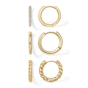 PAVOI Gold Hoop Earrings for Women - 14K Yellow Gold Plated 925 Sterling Silver - Hypoallergenic 3-Pair Small Hoop Earings Set with Cubic Zirconia - Rope Teardrop & Chunky Huggie Styles Earscape Piercings