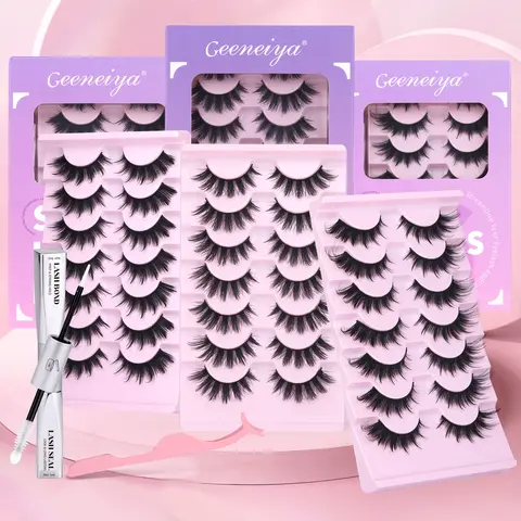 Geeneiya Lashes Kit 10-16mm False Eyelashes with Lash Bond & Seal for Eye Makeup, Queen 02 Anime Strip Falsies, Look Like Extensions