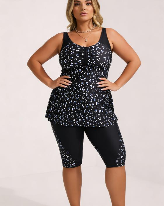 2026 Plus Size High Waist Knee Length Two Piece Tankini Swimsuit Set for Women, New Fashion Scoop Neck Ruched Front Dalmatian Print,High Stretch Tummy Control Modest Beach Vacation Swimwear