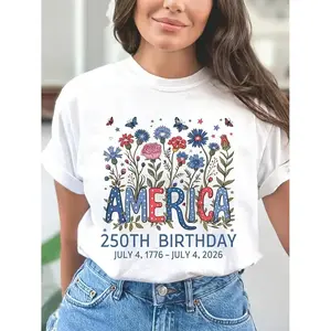 Celebrate the 250th Anniversary with a Vibrant Floral TShirt Featuring Blue Red and White Accents Butterfly and Flower Motifs Ideal Casual Crew Neck Top for Independence Day and National Celebrations