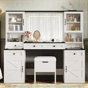 (High end and high-quality)61.5" Farmhouse Vanity Desk with Mirror and LED Lights, Dressing Table with 5 Drawers and 4 Cabinets, Makeup Vanity Table Set with Glass Visual Desktop and Cushion Stool, for Bedroom vanity  without  let vanity  with  chair