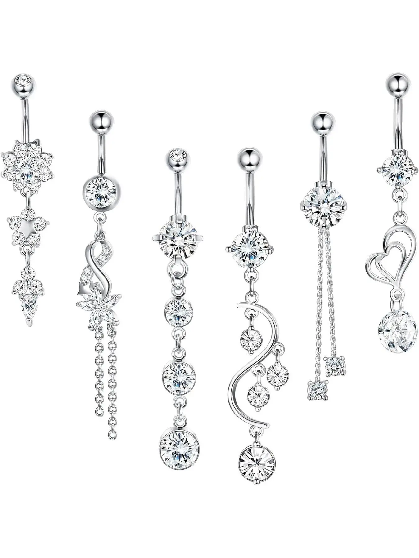6pcs Belly Button Bar for Women, 14g Dangle Belly Bar, 316L Surgical Steel Cz Navel Barbell, Body Piercing Jewelry, Fashion Body Jewelry, Belly Button Rings, 10mm Pierce