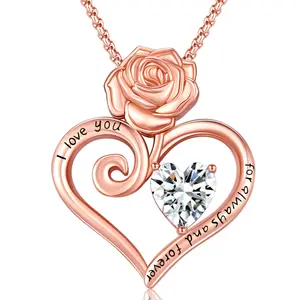DRINSPER Rose Heart Necklace Rose Pendant Necklace I Love You Forever and Ever for Women Anniversary Birthday Mothers Day Gifts Jewelry for Wife Girlfriend Sister