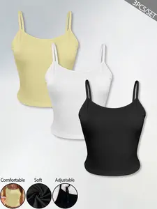 Women's 3 Pcs Basic Casual Cami Tank Tops Set, Adjustable Strap Scoop Neck Camisole | #3PcsSet #BasicCami #TankTopSet