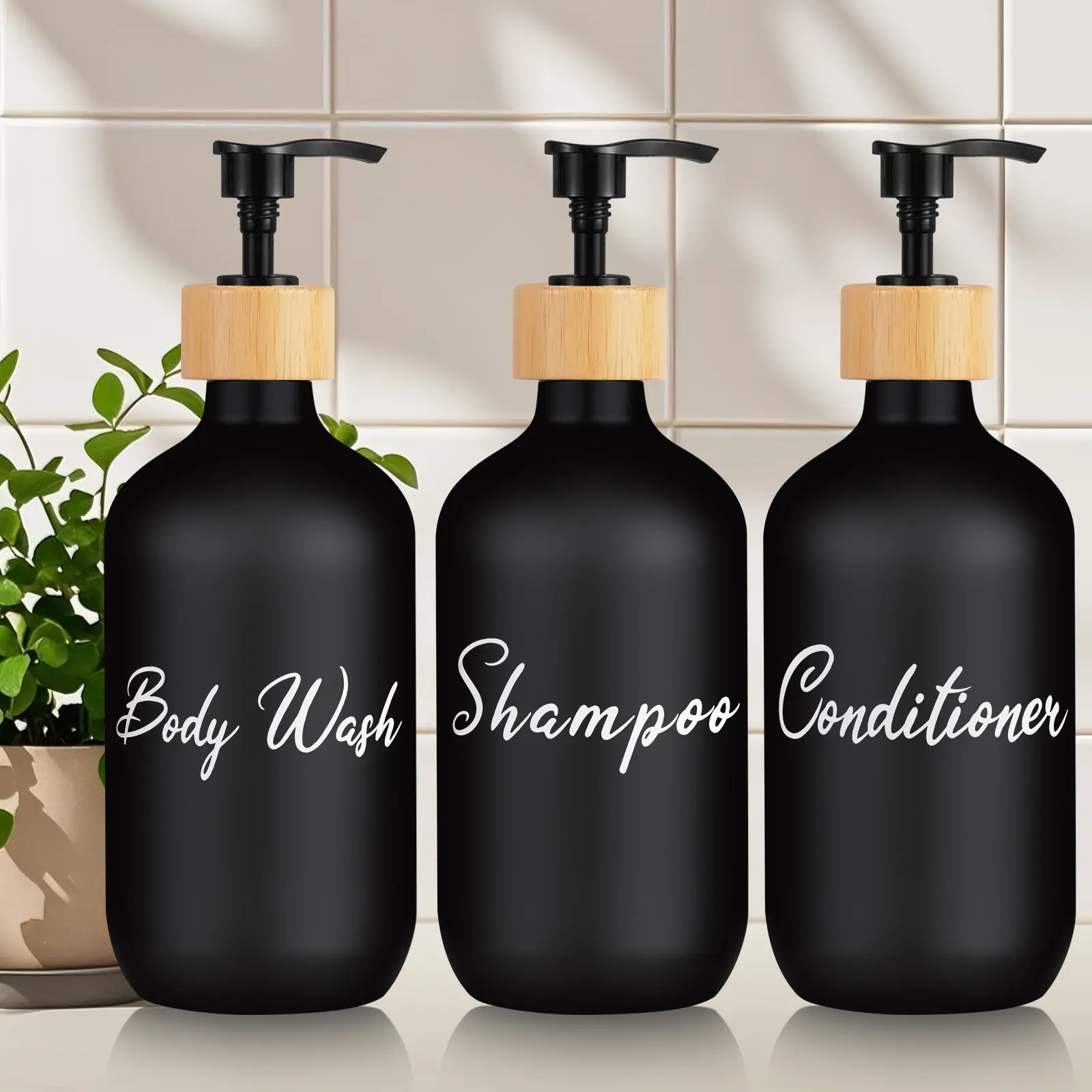 Shampoo and Conditioner Dispenser, Shower Soap Dispenser for Bathroom, Restroom-Set of 3 with Permanent Stylish Label-17oz, 500ml Refillable Shampoo and Conditioner Bottles, Toiletries Dispenser, Bathroom Accessory