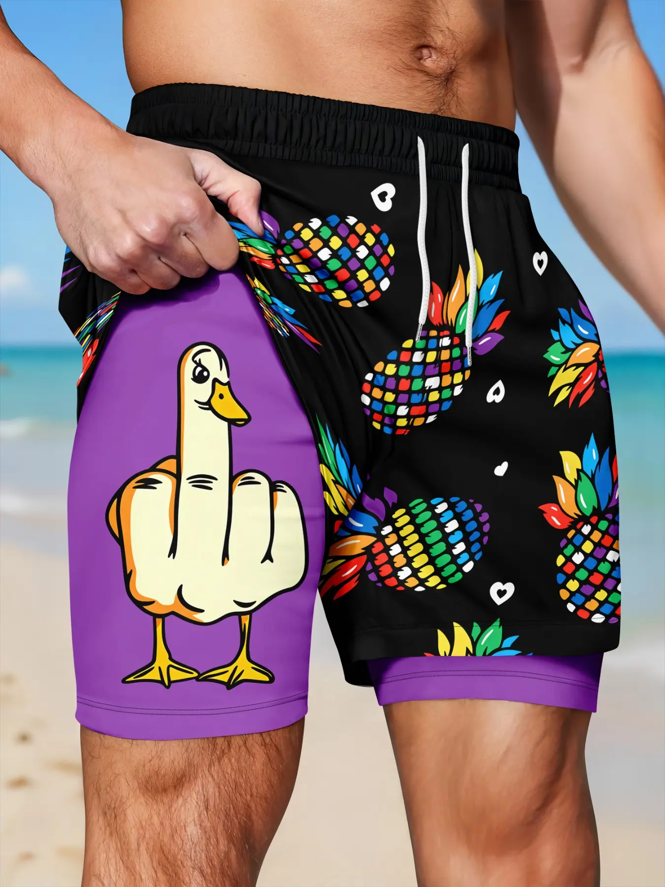 Men's Fun Duck and Rainbow Pineapple Print Two-In-One Beach Shorts, Quick-Dry Swim Trunks, Swimsuit Shorts, Casual Summer Wear, Breathable Fabric, Printed Swim Trunks