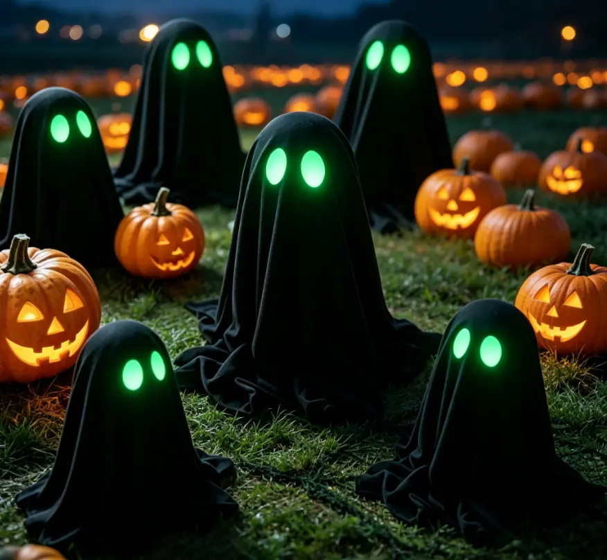 Spooky Halloween Glow-in-the-Dark Black Ghost Figurine with Hat, Mini Tabletop Ornaments, Festive Room Decoration for Home, Bar