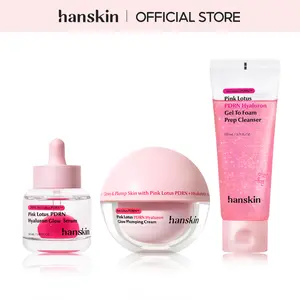 [Hanskin] Pink Lotus Vegan PDRN Glow Routine Set - Hyaluron Serum 30ml + Glow Cream 50ml + Gel-to-Foam Cleanser for Hydration, Gentle Cleansing & Glass Skin Glow