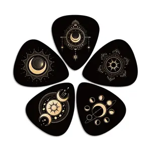 5-Pack Guitar Picks 0.71mm Vintage Style Comfortable Play Non-Slip Gold Star Moon Planet Pattern Perfect for Guitar Players
