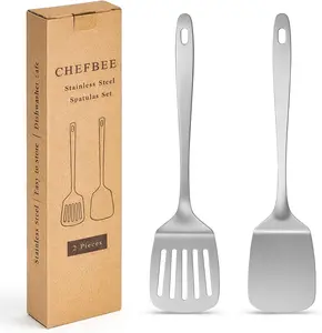 2PCS Metal Spatula Set - Stainless Steel Spatula Solid & Slotted Turner Flipper for Kitchen Use, Heat Resistant Kitchen Cooking Utensils for Flipping Fish, Eggs, Pancakes, Dishwasher Safe
