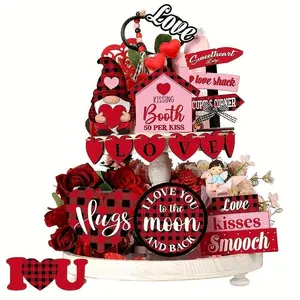 Valentine's Day Decoration Set, 15pcs/set Wooden Desktop Ornament without Tray, Romantic Desktop Centerpiece Decoration for Home Party