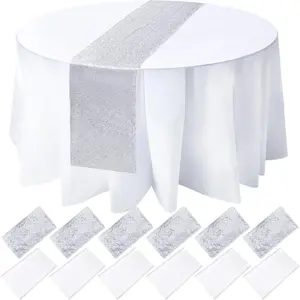 12 Pack Round Plastic Tablecloth 84 Inch with Glitter Sequin Table Runner 12 x 108 Inch Disposable  Tablecloth for Parties Wedding  Shower(, White)
