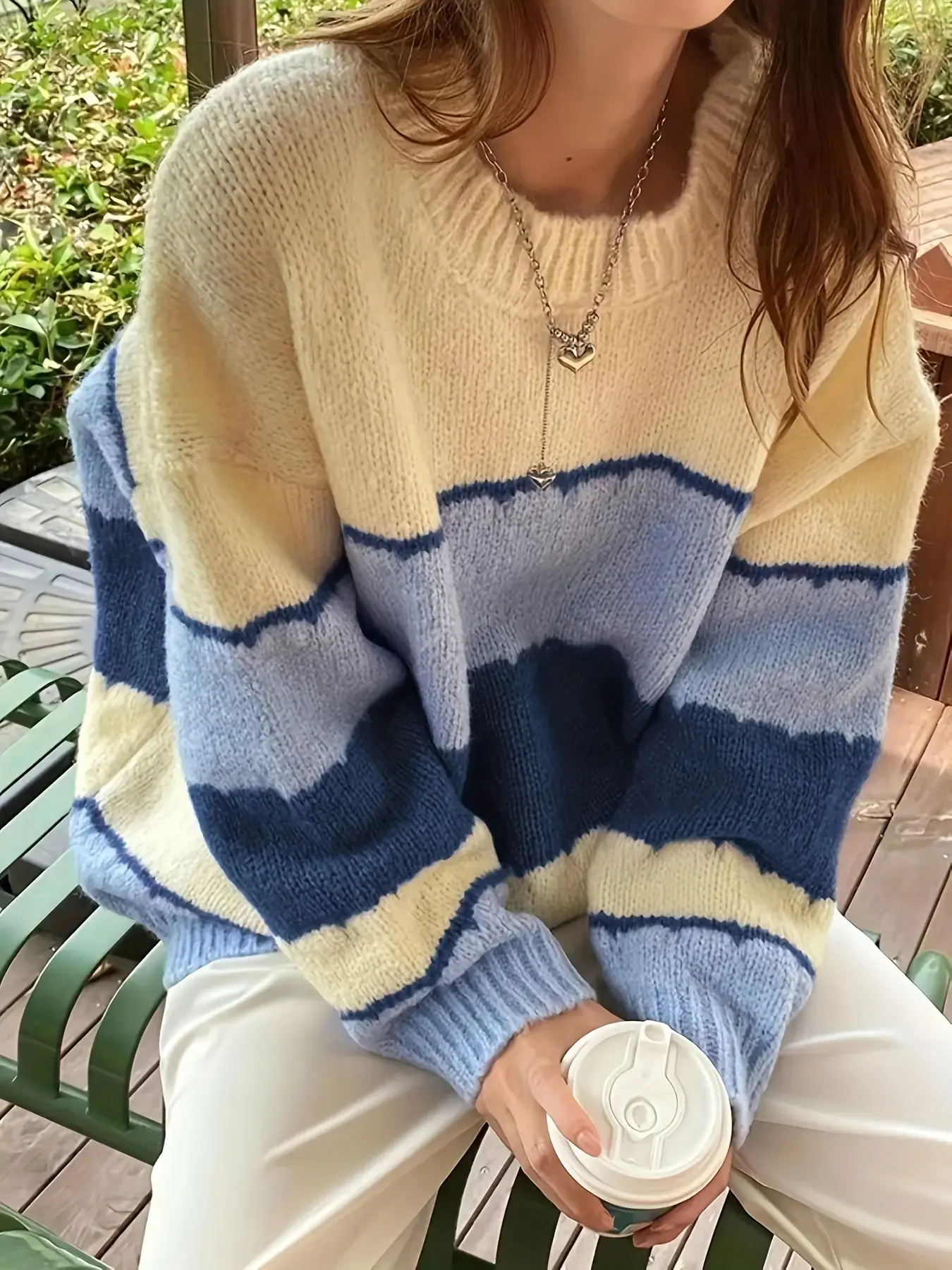 Women's Striped Color Block Fuzzy Fluffy Knit Sweater, Casual Knitting Top Long Sleeve Round Neck Fitted Pullover for Fall, Everyday Ladies Clothes for Daily Wear