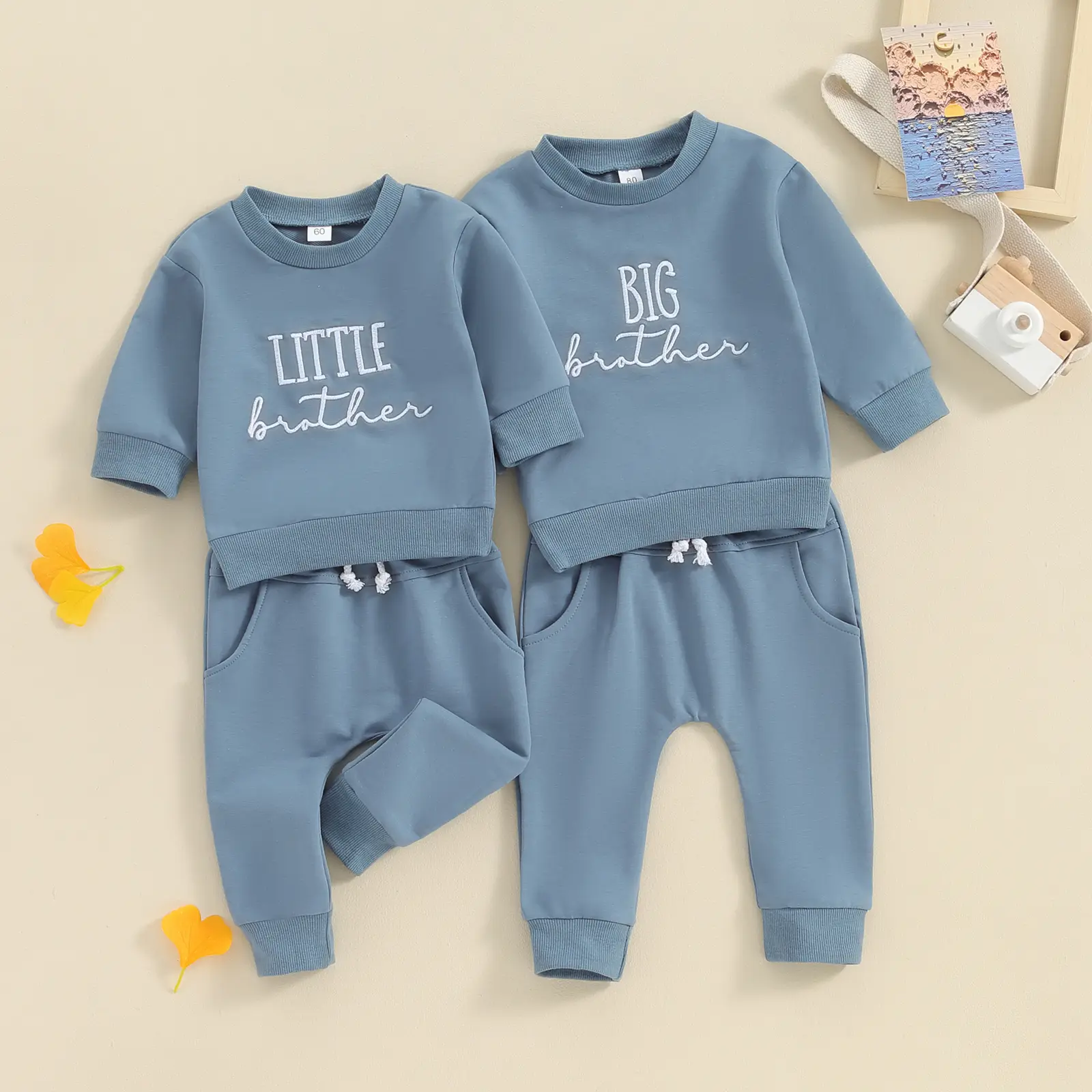 Baby Boy Brother-Match Set, Embroidery Detail Crewneck Sweatshirt & Long Sleeve Shirt with Pants, Sibling Matching Gift Set