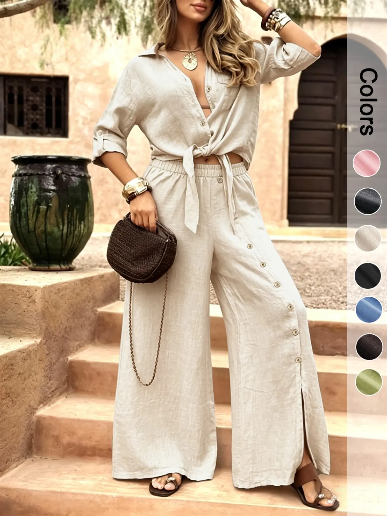 Women's Two-Piece Vacation Style Casual Shirt and Plain Pants Set, Tie-Down Hem Shirt with Fake Button Decoration, Wide Leg Pants Set, Loose Fit, Clothes